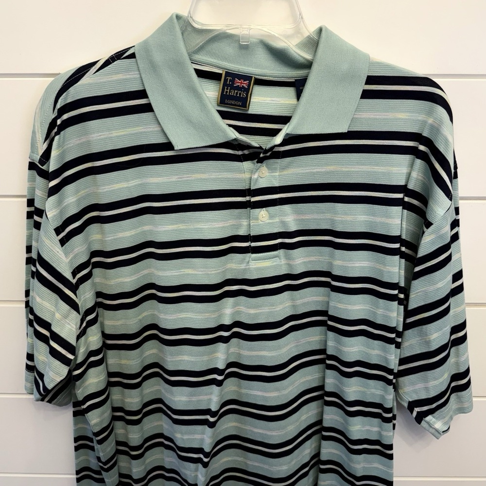 Mens T. Harris Polo Shirt Striped Lt. Green/Blck Yellow Short Sleeve Size XL